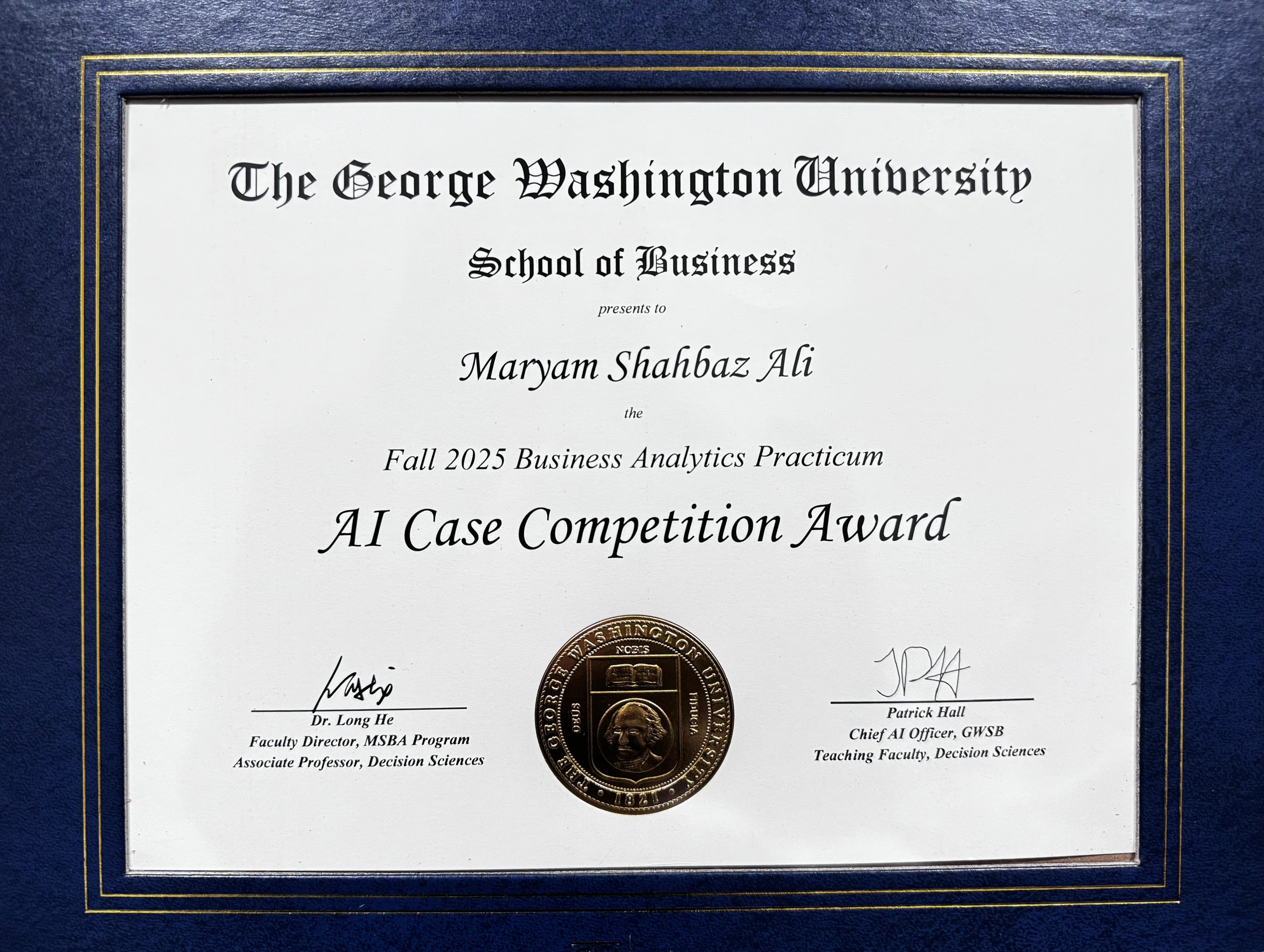 AI Case Competition Award Certificate - George Washington University